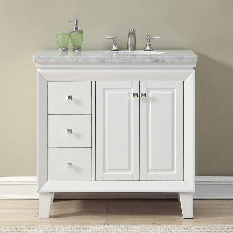 Silkroad Exclusive V0320WW36R 36" White single sink vanity, front view in a bathroom