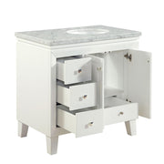 Silkroad Exclusive V0320WW36R 36" White single sink vanity, with doors and drawers open showing storage