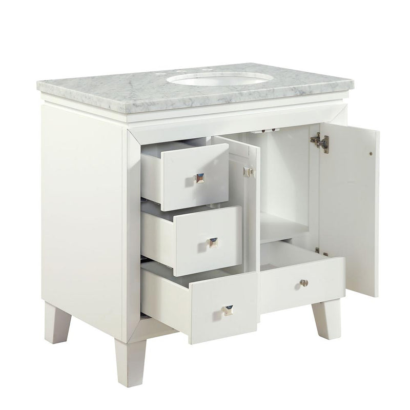 Silkroad Exclusive V0320WW36R 36" White single sink vanity, with doors and drawers open showing storage