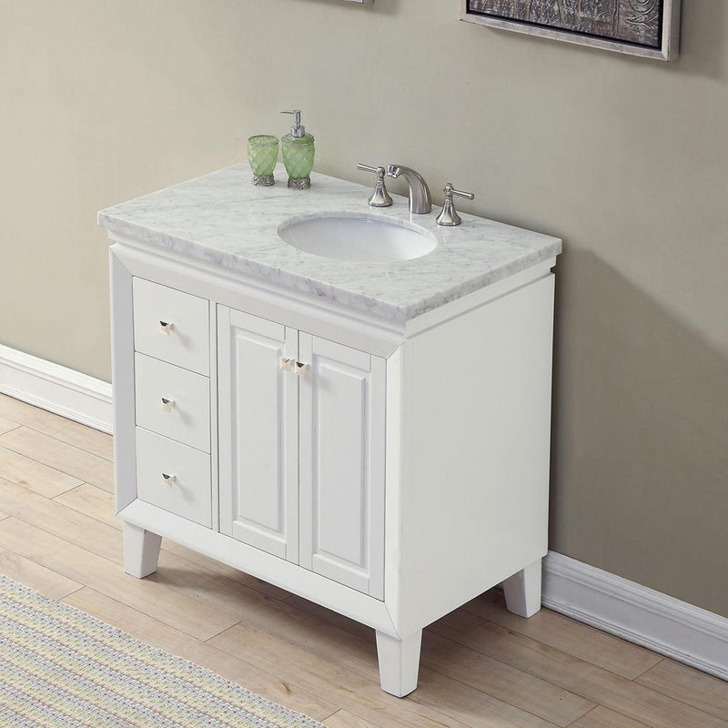 Silkroad Exclusive V0320WW36R 36" White single sink vanity, three-quarter view in a bathroom