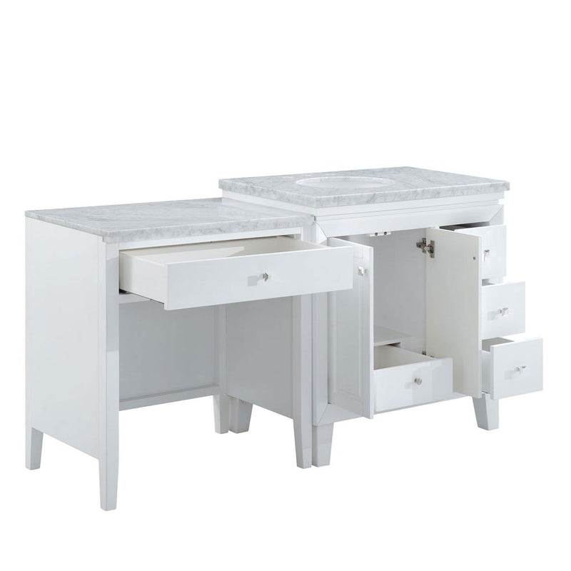 Silkroad Exclusive V0320WW67L 67" White single sink vanity, with doors and drawers open showing storage