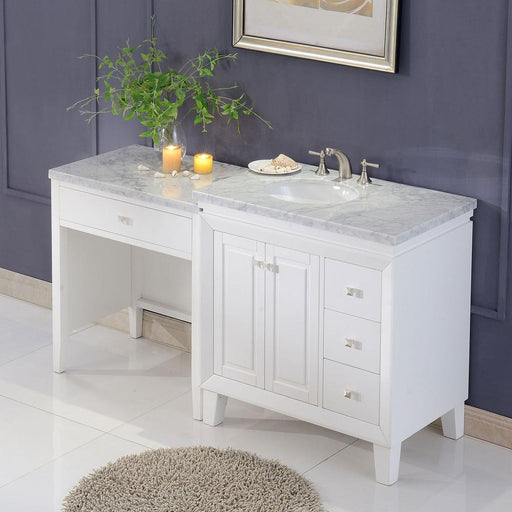 Silkroad Exclusive V0320WW67L 67" White single sink vanity, three-quarter view in a bathroom