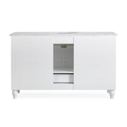 Silkroad Exclusive V0717WW58C 58" White single sink vanity, Carrara top, back view showing the plumbing opening