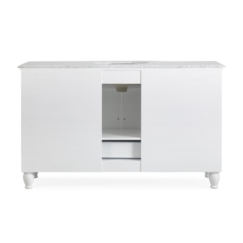 Silkroad Exclusive V0717WW58C 58" White single sink vanity, Carrara top, back view showing the plumbing opening