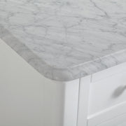 Silkroad Exclusive V0717WW58C 58" White single sink vanity, Carrara top, close-up of the marble edge profile