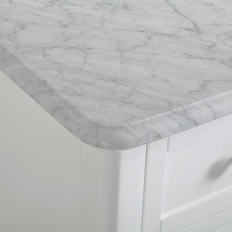 Silkroad Exclusive V0717WW58C 58" White single sink vanity, Carrara top, close-up of the marble edge profile