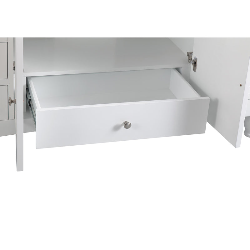Silkroad Exclusive V0717WW58C 58" White single sink vanity, Carrara top, close-up of a drawer pulled out on its slides