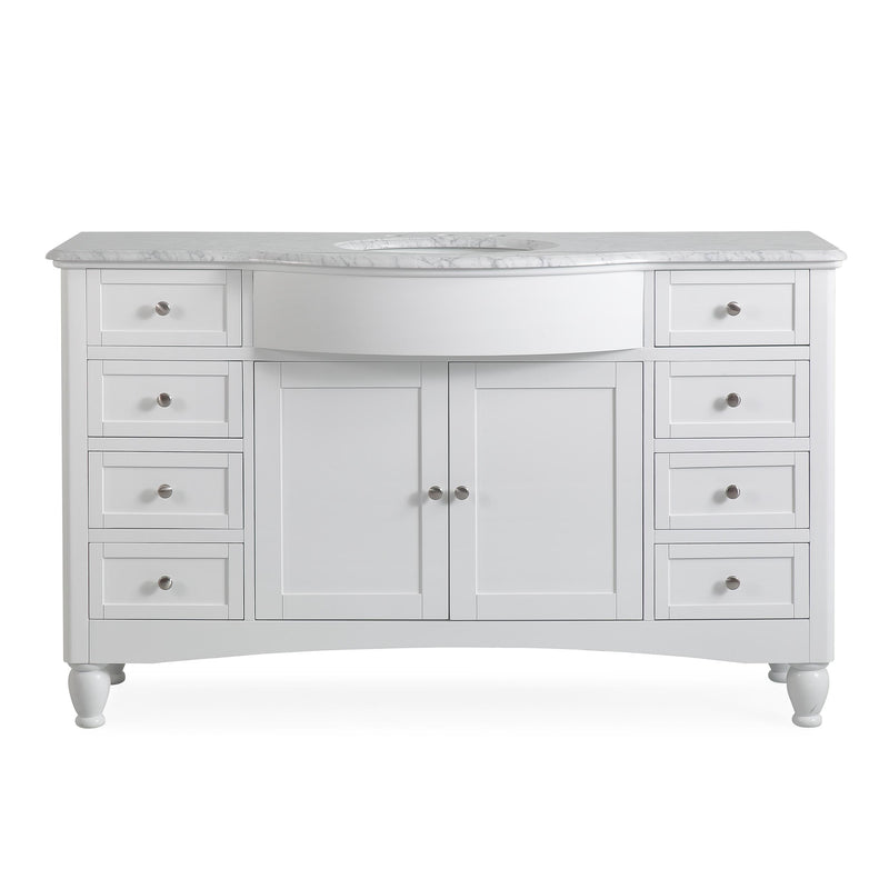 Silkroad Exclusive V0717WW58C 58" White single sink vanity, Carrara top, front view on white