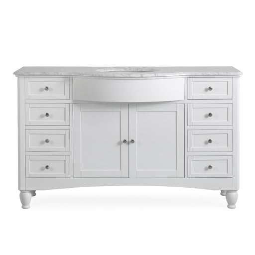 Silkroad Exclusive V0717WW58C 58" White single sink vanity, Carrara top, front view on white
