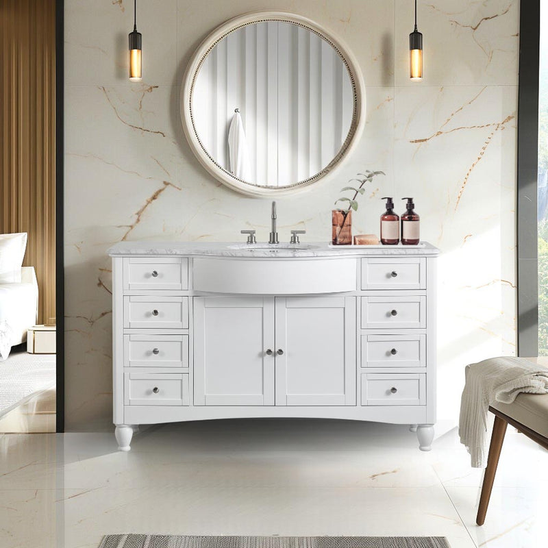 Silkroad Exclusive V0717WW58C 58" White single sink vanity, Carrara top, installed in a bathroom, front view