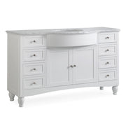 Silkroad Exclusive V0717WW58C 58" White single sink vanity, Carrara top, three-quarter view on white