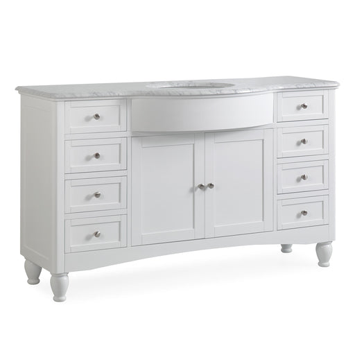 Silkroad Exclusive V0717WW58C 58" White single sink vanity, Carrara top, three-quarter view on white