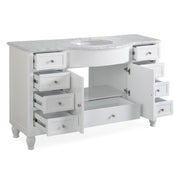 Silkroad Exclusive V0717WW58C 58" White single sink vanity, three-quarter view with doors and drawers open, on white