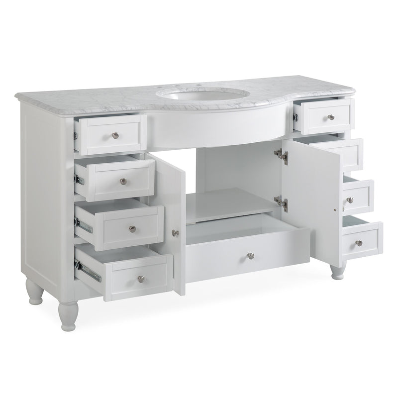 Silkroad Exclusive V0717WW58C 58" White single sink vanity, three-quarter view with doors and drawers open, on white