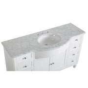 Silkroad Exclusive V0717WW58C 58" White single sink vanity, high three-quarter view of the stone top and sink, on white