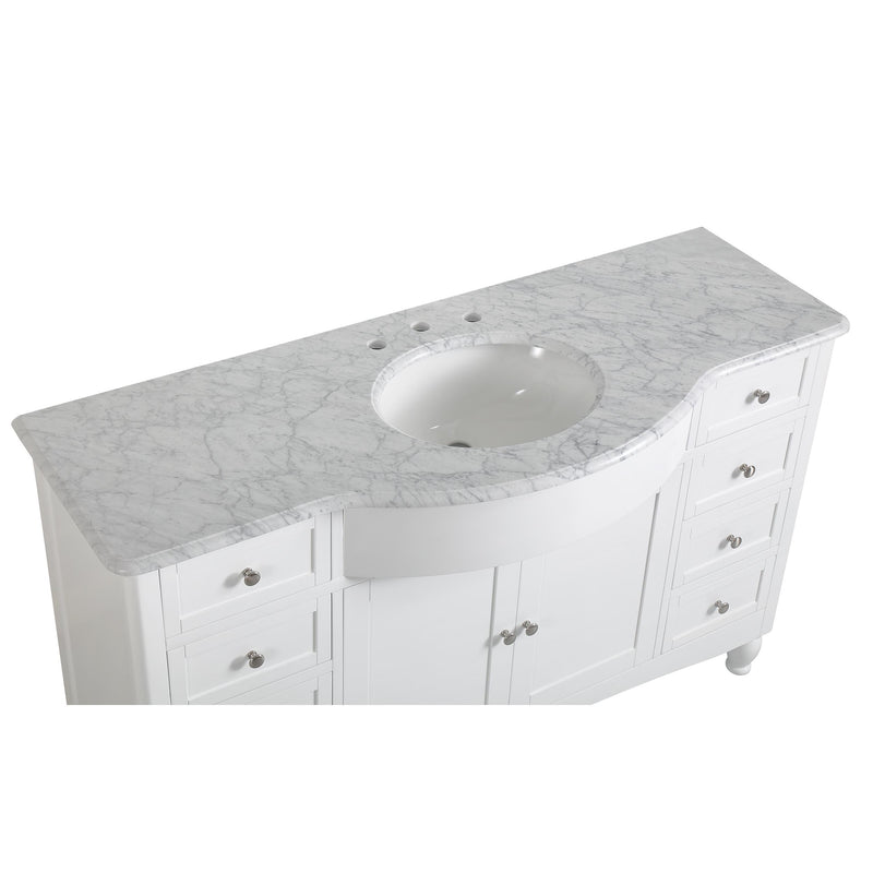 Silkroad Exclusive V0717WW58C 58" White single sink vanity, high three-quarter view of the stone top and sink, on white