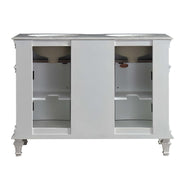 Silkroad Exclusive V0722WW48D 48" Antique White double sink vanity, back view showing the open plumbing cut-out