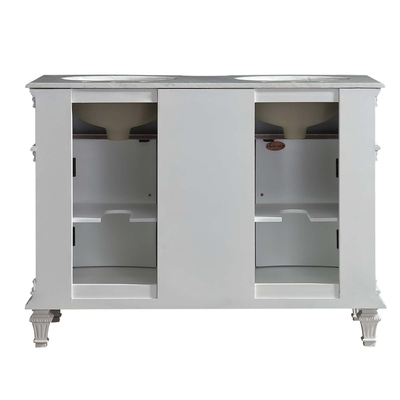 Silkroad Exclusive V0722WW48D 48" Antique White double sink vanity, back view showing the open plumbing cut-out