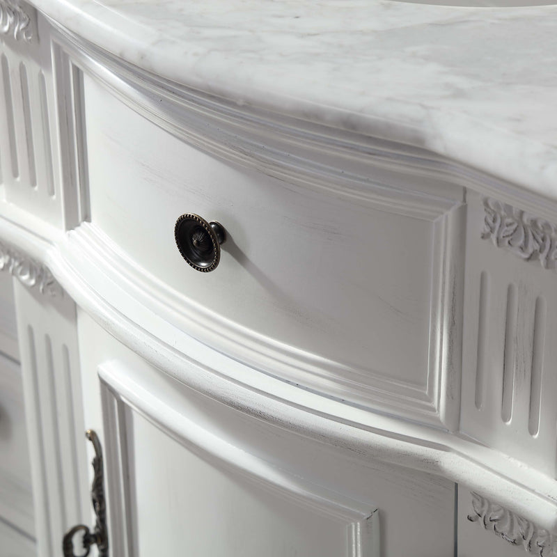 Silkroad Exclusive V0722WW48D 48" Antique White double sink vanity, close-up of the stone top and edge profile