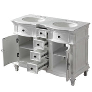 Silkroad Exclusive V0722WW48D 48" Antique White double sink vanity, with doors and drawers open showing storage
