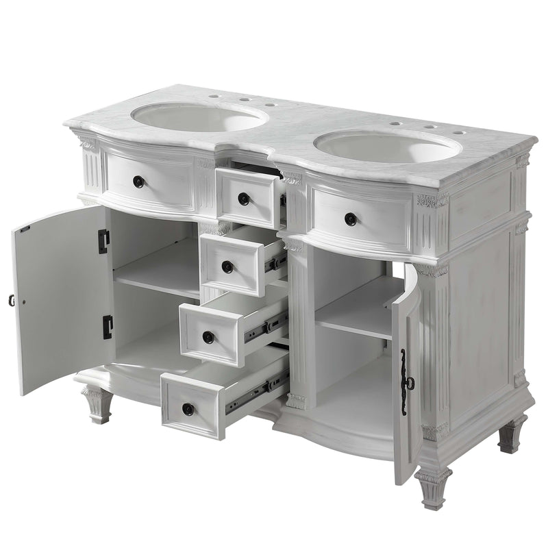 Silkroad Exclusive V0722WW48D 48" Antique White double sink vanity, with doors and drawers open showing storage