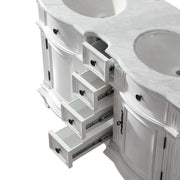 Silkroad Exclusive V0722WW48D 48" Antique White double sink vanity, with drawers pulled out showing storage