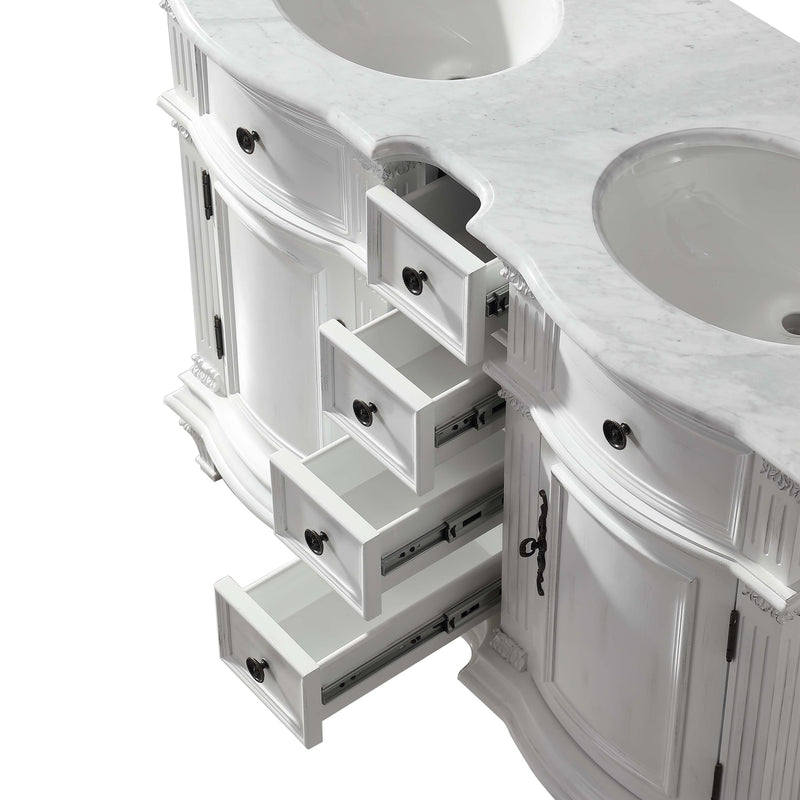 Silkroad Exclusive V0722WW48D 48" Antique White double sink vanity, with drawers pulled out showing storage