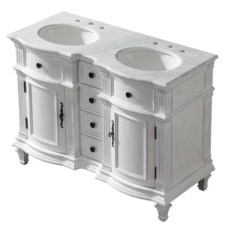 Silkroad Exclusive V0722WW48D 48" Antique White double sink vanity, three-quarter view, on white
