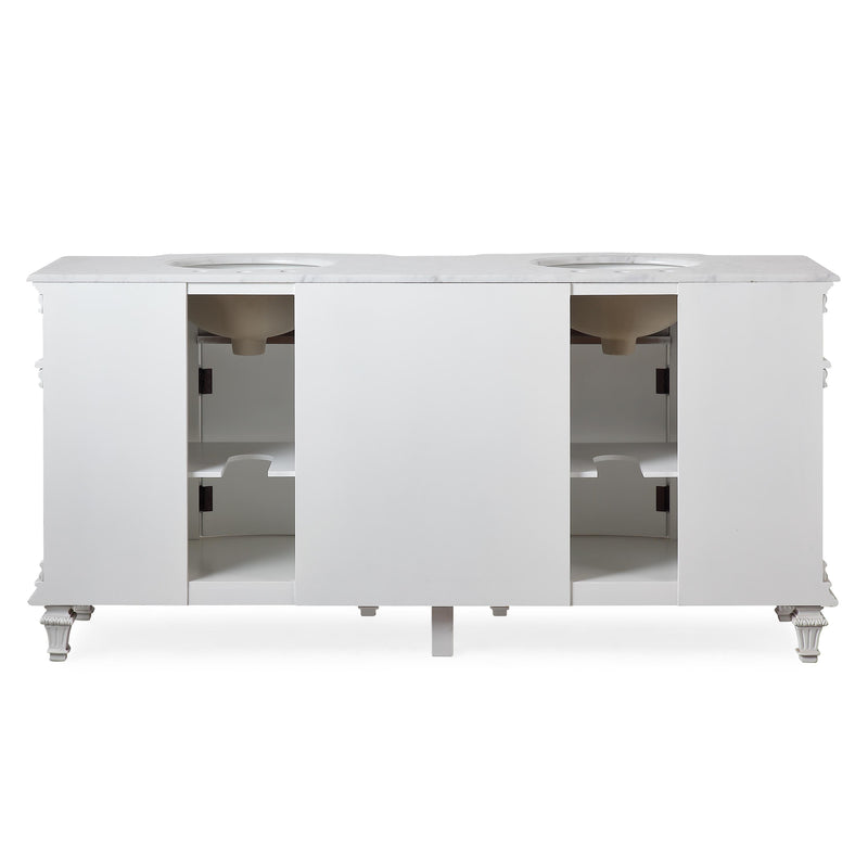 Silkroad Exclusive V0722WW72D 72" Antique White double sink vanity, back view showing the open plumbing cut-out