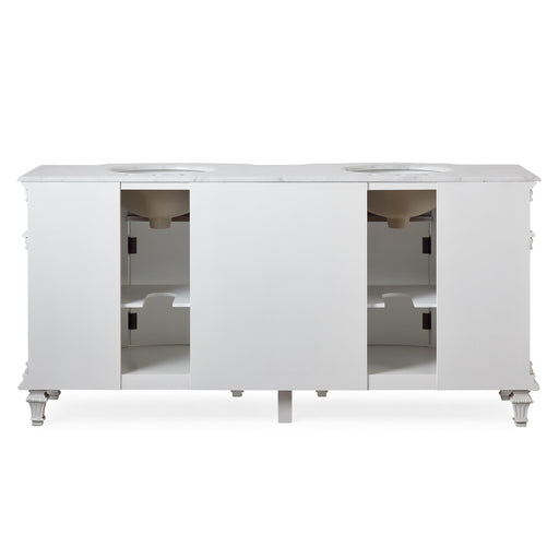 Silkroad Exclusive V0722WW72D 72" Antique White double sink vanity, back view showing the open plumbing cut-out