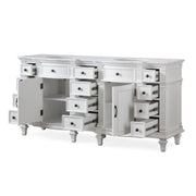 Silkroad Exclusive V0722WW72D 72" Antique White double sink vanity, with doors and drawers open showing storage