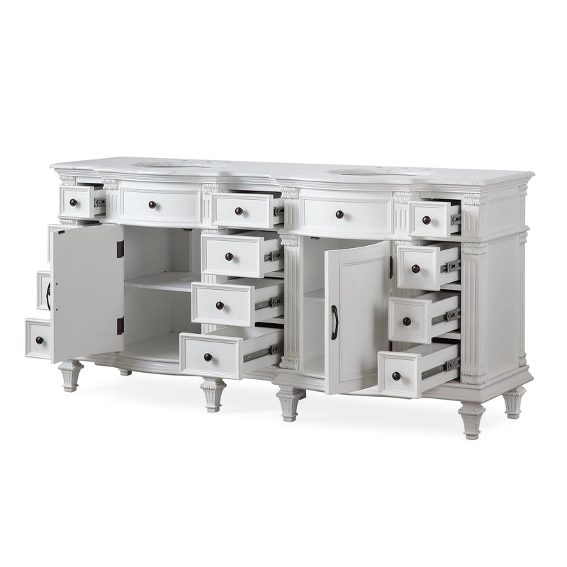 Silkroad Exclusive V0722WW72D 72" Antique White double sink vanity, with doors and drawers open showing storage
