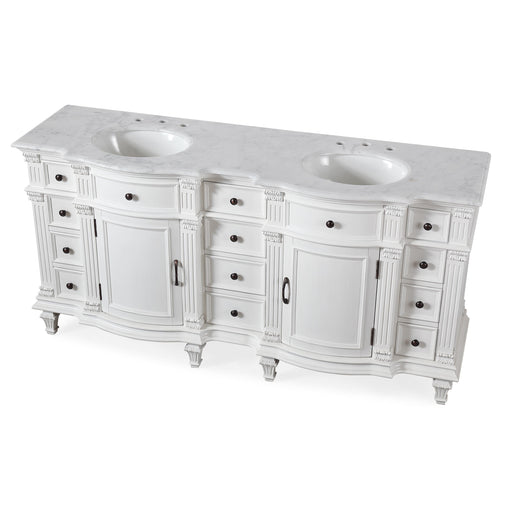 Silkroad Exclusive V0722WW72D 72" Antique White double sink vanity, three-quarter view, on white