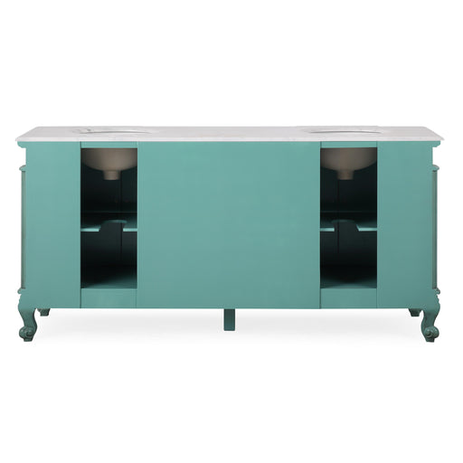 Silkroad Exclusive V8034NW72D 72" Vintage Green double vanity, back view showing the plumbing opening