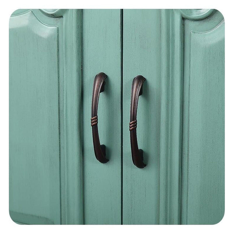 Silkroad Exclusive V8034NW72D 72" Vintage Green double vanity, close-up of the oil rubbed bronze door pulls