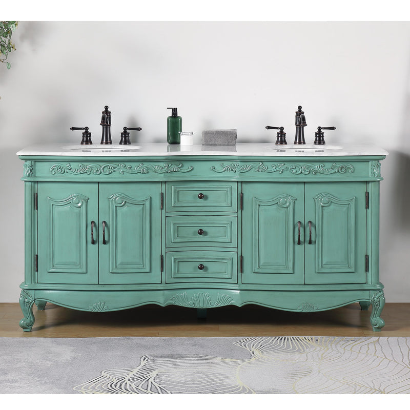 Silkroad Exclusive V8034NW72D 72" Vintage Green double vanity, front view in a bathroom