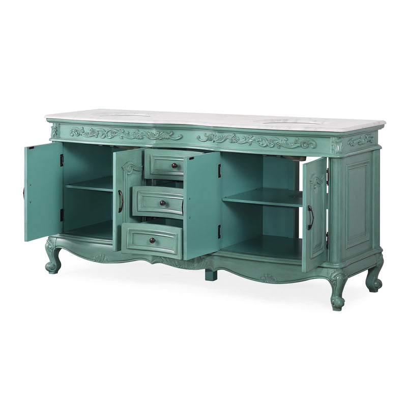 Silkroad Exclusive V8034NW72D 72" Vintage Green double vanity, doors and drawers open on white