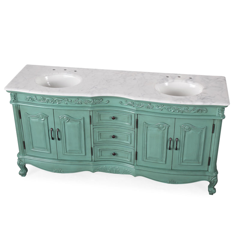 Silkroad Exclusive V8034NW72D 72" Vintage Green double vanity, three-quarter view on white