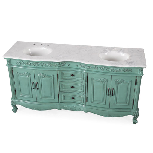 Silkroad Exclusive V8034NW72D 72" Vintage Green double vanity, three-quarter view on white