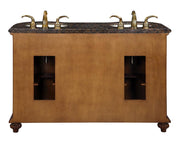 Silkroad Exclusive WFH-0201-BB-UWC-54 54" English Chestnut double vanity, back view on white showing the plumbing openings