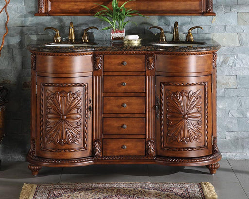 Silkroad Exclusive WFH-0201-BB-UWC-54 54" English Chestnut double vanity, front view in a bathroom