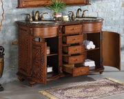 Silkroad Exclusive WFH-0201-BB-UWC-54 54" English Chestnut double vanity, doors and drawers open showing storage