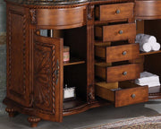 Silkroad Exclusive WFH-0201-BB-UWC-54 54" English Chestnut double vanity, close-up of the open drawers and carved door