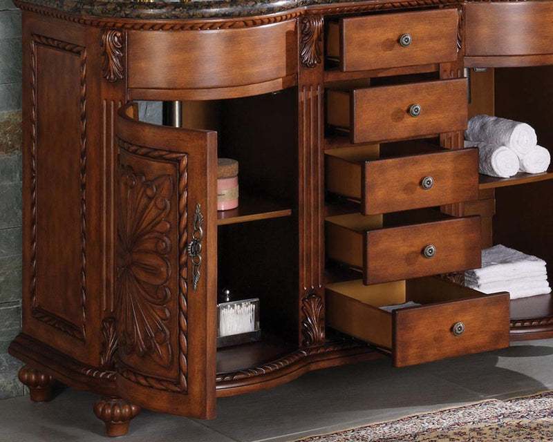 Silkroad Exclusive WFH-0201-BB-UWC-54 54" English Chestnut double vanity, close-up of the open drawers and carved door