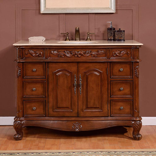 Silkroad Exclusive ZY-0250-CM-UWC-48 48" English Chestnut single sink vanity, front view in a bathroom