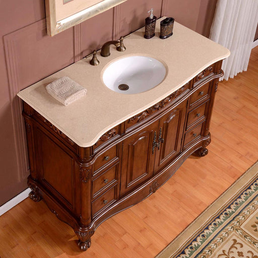 Silkroad Exclusive ZY-0250-CM-UWC-48 48" English Chestnut single sink vanity, three-quarter view in a bathroom