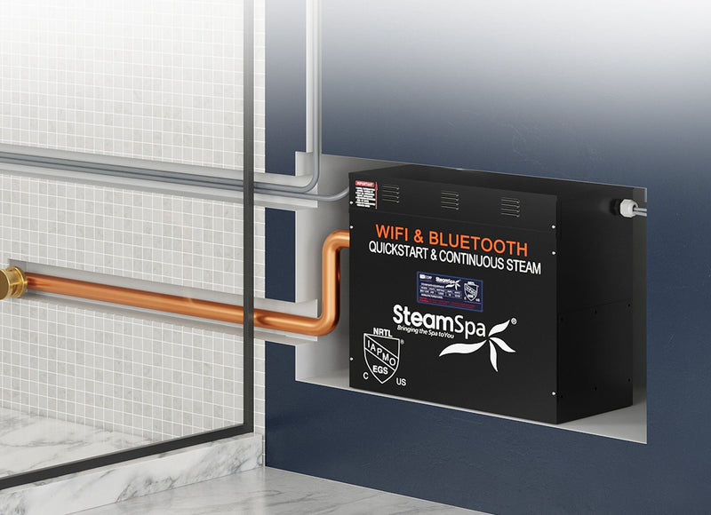 SteamSpa BKW2100MK-A steam generator installed in a wall cavity outside the shower