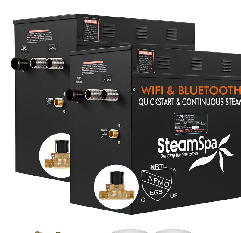 SteamSpa BKW2400CH-A 24 kW two generator units with AutoDrain valve, front three-quarter view