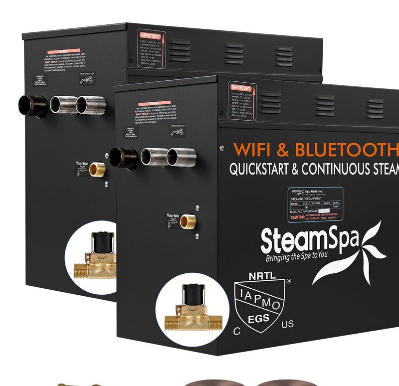 SteamSpa BKW2400ORB-A 24 kW two generator units with AutoDrain valve, front three-quarter view