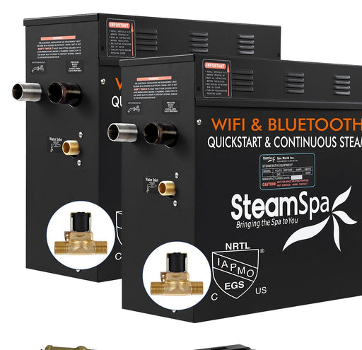 SteamSpa BKWS1800MK-A 18 kW two generator units with AutoDrain valve, front three-quarter view